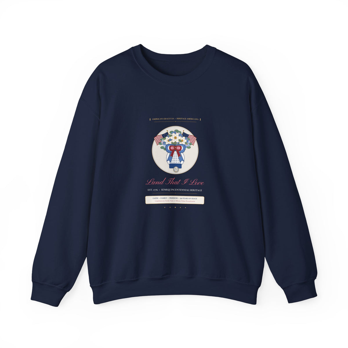 "Land That I Love • Est. 1776" Chinoiserie Ginger Jar, White Magnolia & Vintage American Flag Bow Heavyweight Crewneck Sweatshirt