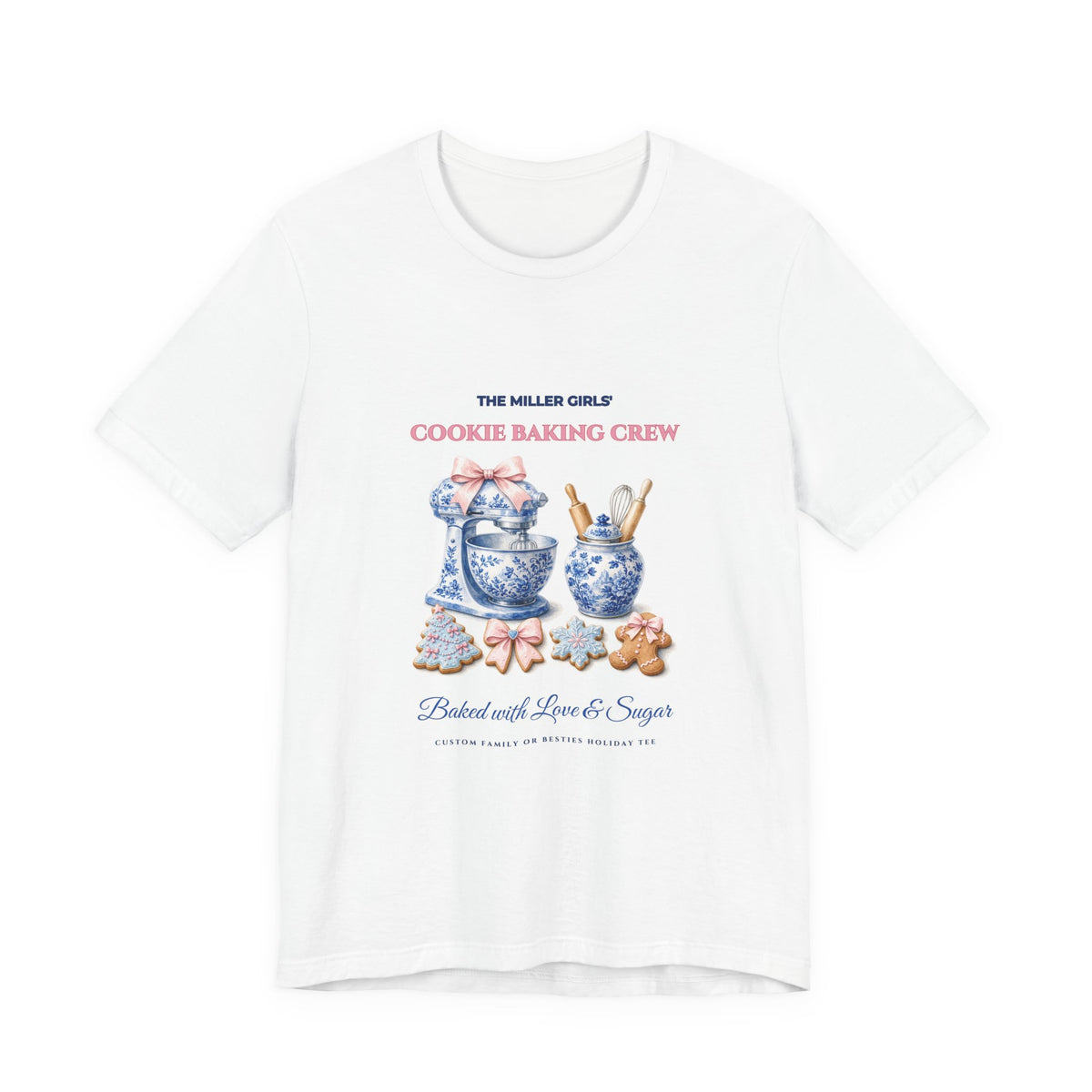 Personalized Custom Family or Besties Christmas Cookie Baking Crew Shirt | Chinoiserie Stand Mixer & Coquette Bow Bella+Canvas 3001 Tee