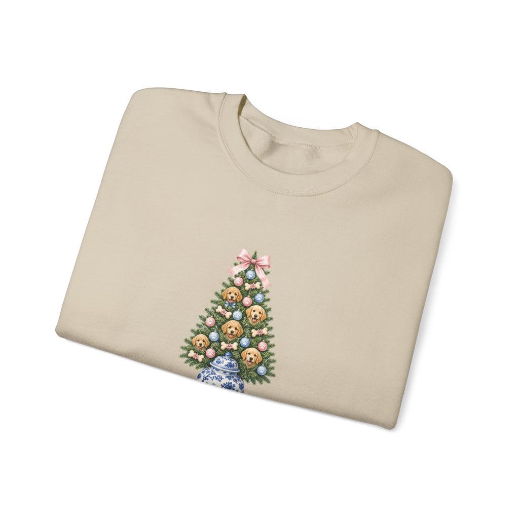 Merry Woofmas Chinoiserie Ginger-Jar Christmas Tree & Golden Doodle Ornaments Sweatshirt | Coquette Bow Dog Mom Holiday Crewneck