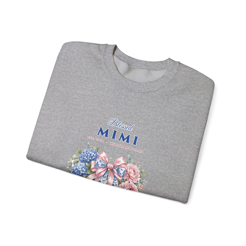 Personalized Blessed Mimi, Nana or Mama Chinoiserie Bow & Grandkids Names Sweatshirt | Custom Floral Coquette Grandma & Mom Crewneck