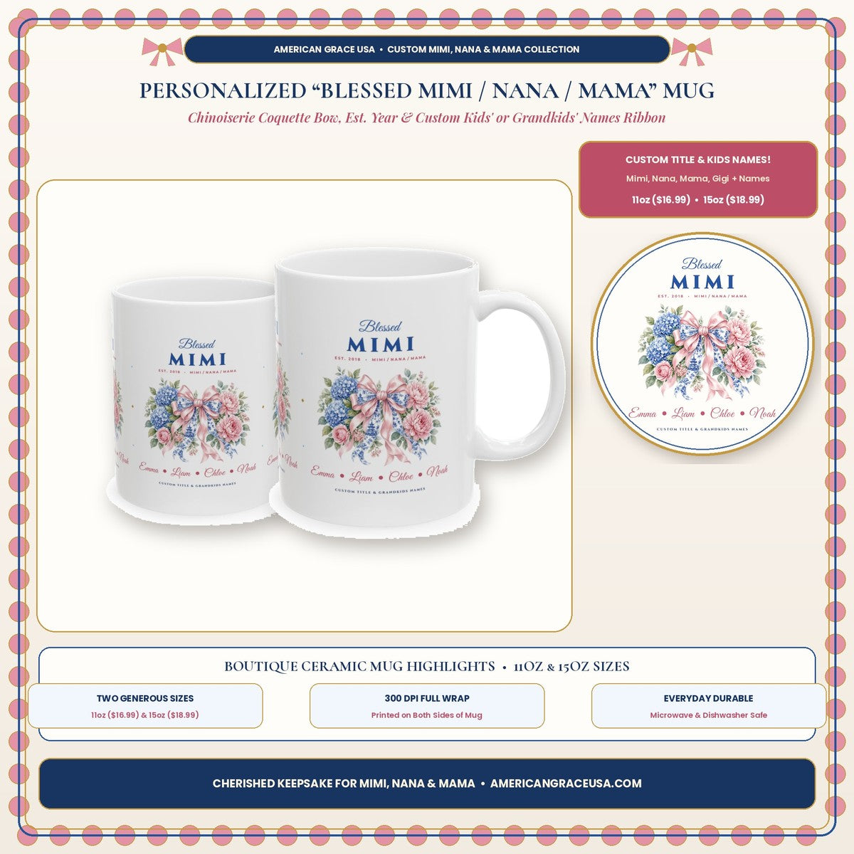Personalized Blessed Mimi Nana or Mama Chinoiserie Coquette Bow & Grandkids Names Mug Boutique Hero Card - AmericanGraceUSA