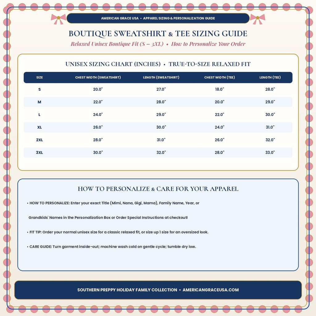 AmericanGraceUSA Holiday Apparel Sizing & Personalization Guide Card