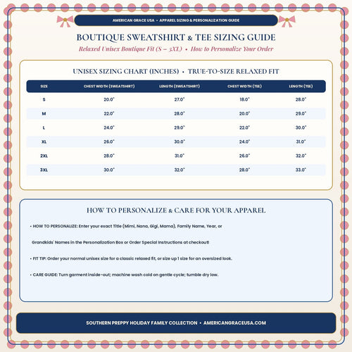 AmericanGraceUSA Holiday Apparel Sizing & Personalization Guide Card