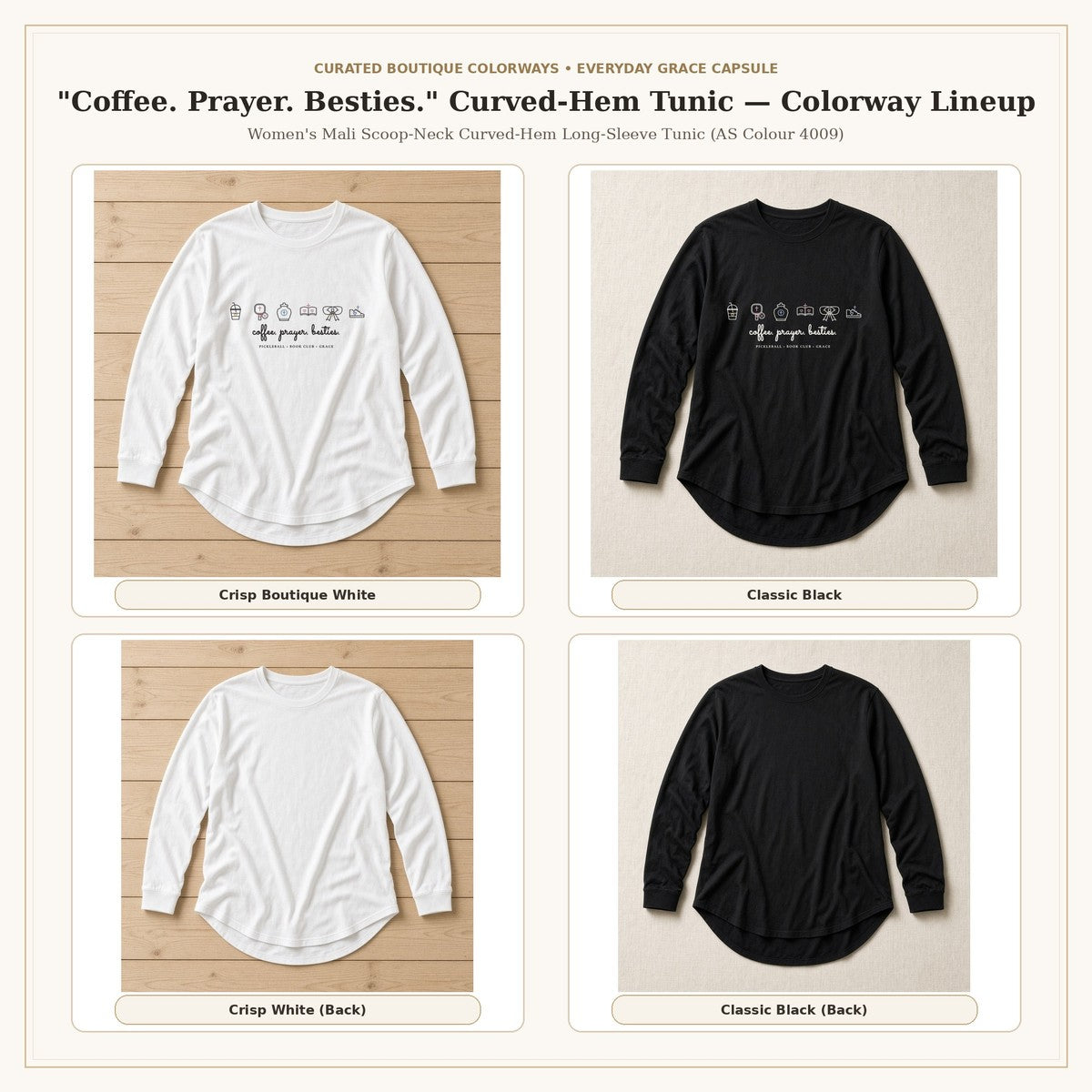 Coffee Prayer Besties Curved-Hem Tunic Colorway Lineup Grid | American Grace USA