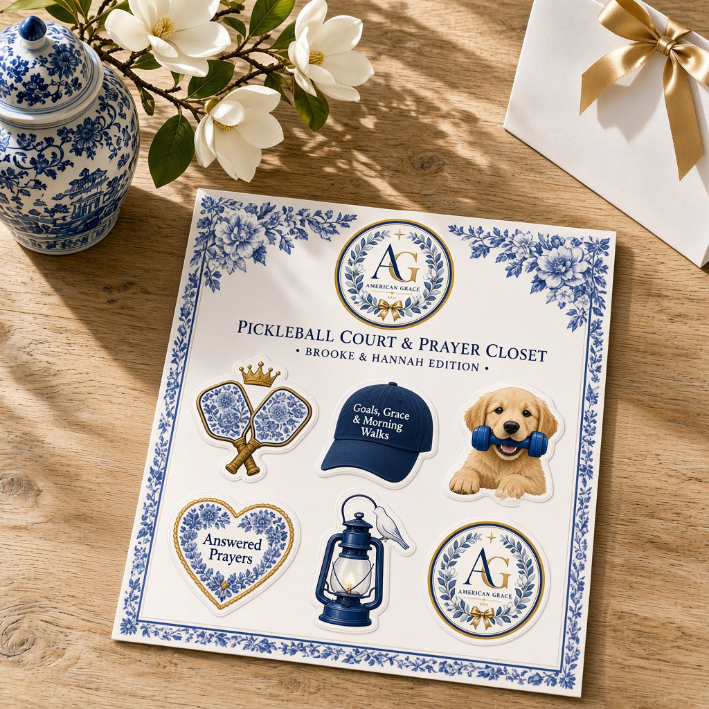 Brooke & Hannah's "Pickleball Court & Prayer Closet" AG-Bordered Kiss-Cut Collector's Sticker Sheet — Sunlit White Oak Table Close-Up