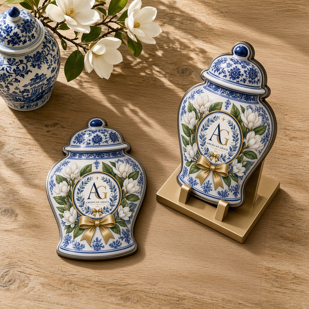 "Magnolia Lane" Heirloom Ginger Jar & Blooming Magnolia Die-Cut Refrigerator Magnet — Sunlit White Oak Table Close-Up