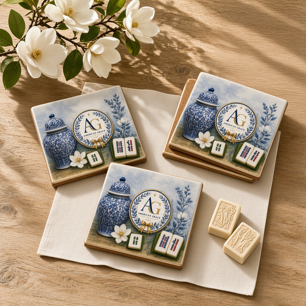 Brooke's "Mahjong & Sweet Tea" Cork-Backed Ceramic Coaster Set — American Grace USA — Sunlit White Oak Table Close-Up