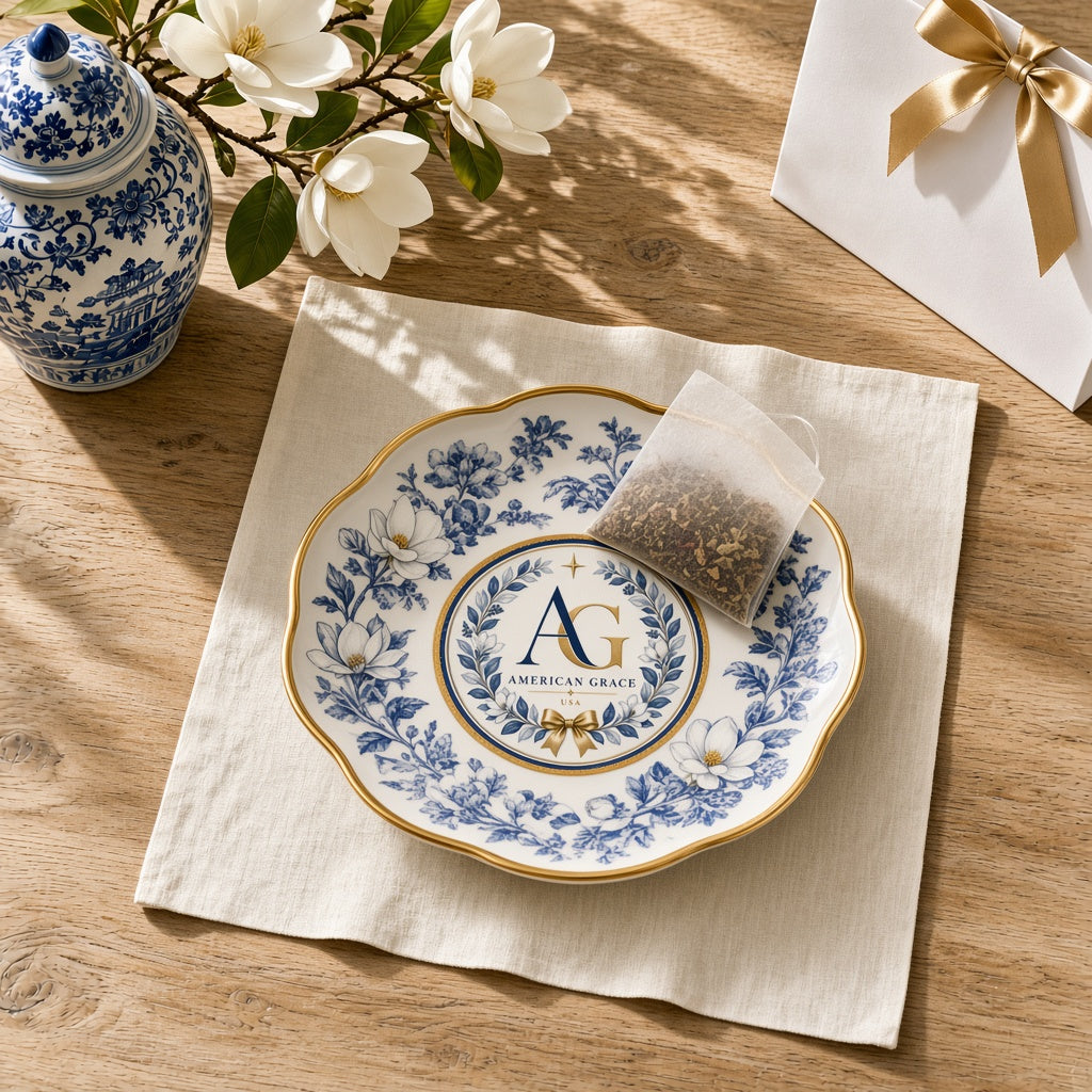 Grace's Scalloped 24k Gold-Rim Porcelain Tea-Bag Rest & Trinket Dish — American Grace USA — Sunlit White Oak Table Close-Up