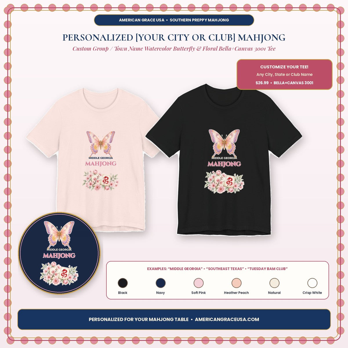Personalized Custom City or Club Name Mahjong Shirt — Watercolor Butterfly & Floral Bella+Canvas 3001 Tee by AmericanGraceUSA