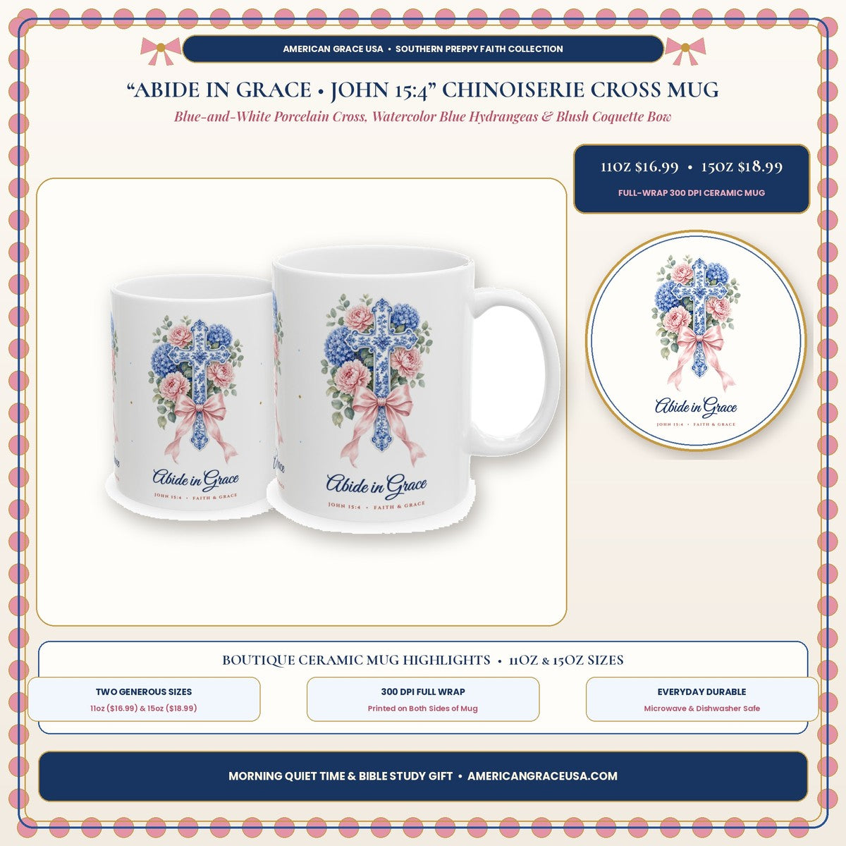Abide in Grace John 15:4 Chinoiserie Ginger-Jar & Blue Hydrangea Cross Christian Coffee Mug Boutique Hero Card - AmericanGraceUSA