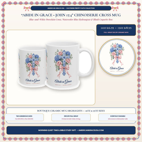 Abide in Grace John 15:4 Chinoiserie Ginger-Jar & Blue Hydrangea Cross Christian Coffee Mug Boutique Hero Card - AmericanGraceUSA