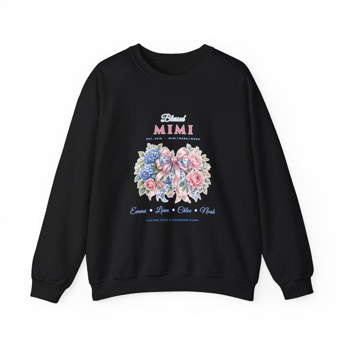 Personalized Blessed Mimi, Nana or Mama Chinoiserie Bow & Grandkids Names Sweatshirt | Custom Floral Coquette Grandma & Mom Crewneck