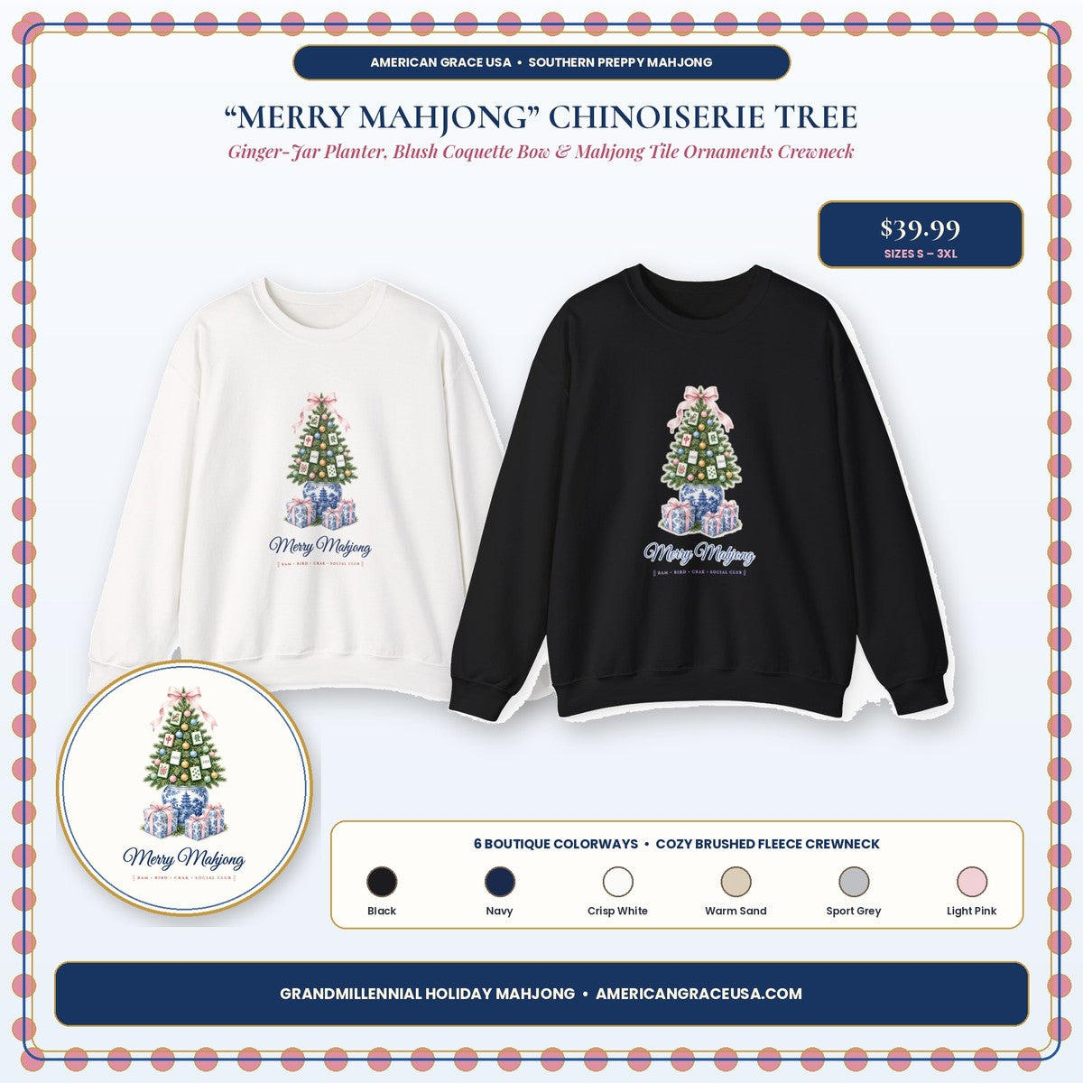 Merry Mahjong Chinoiserie Ginger-Jar Christmas Tree Sweatshirt — Blush Coquette Bow & Pastel Mahjong Tile Ornaments Holiday Crewneck by AmericanGraceUSA