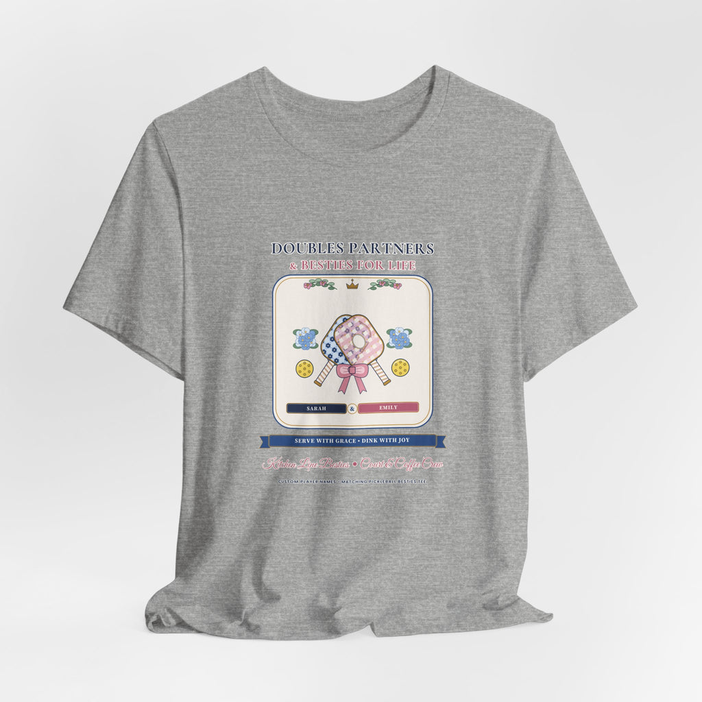 Personalized "Doubles Partners & Besties for Life" Preppy Chinoiserie Pickleball Shirt | Custom Names Matching Court Besties Bella+Canvas Tee