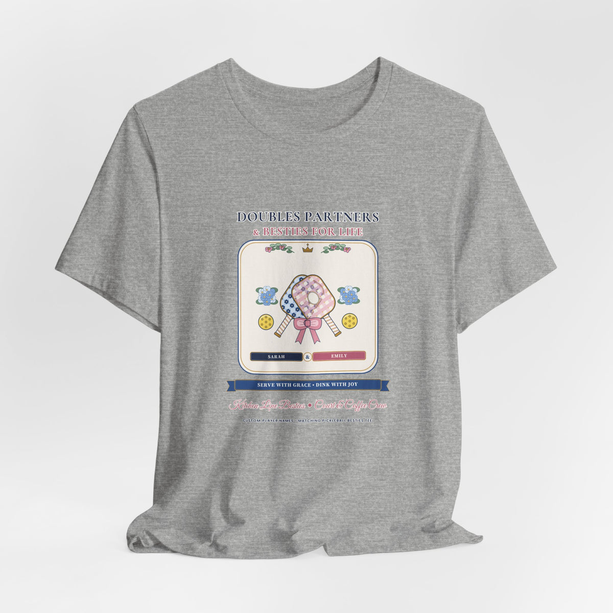 Personalized "Doubles Partners & Besties for Life" Preppy Chinoiserie Pickleball Shirt | Custom Names Matching Court Besties Bella+Canvas Tee