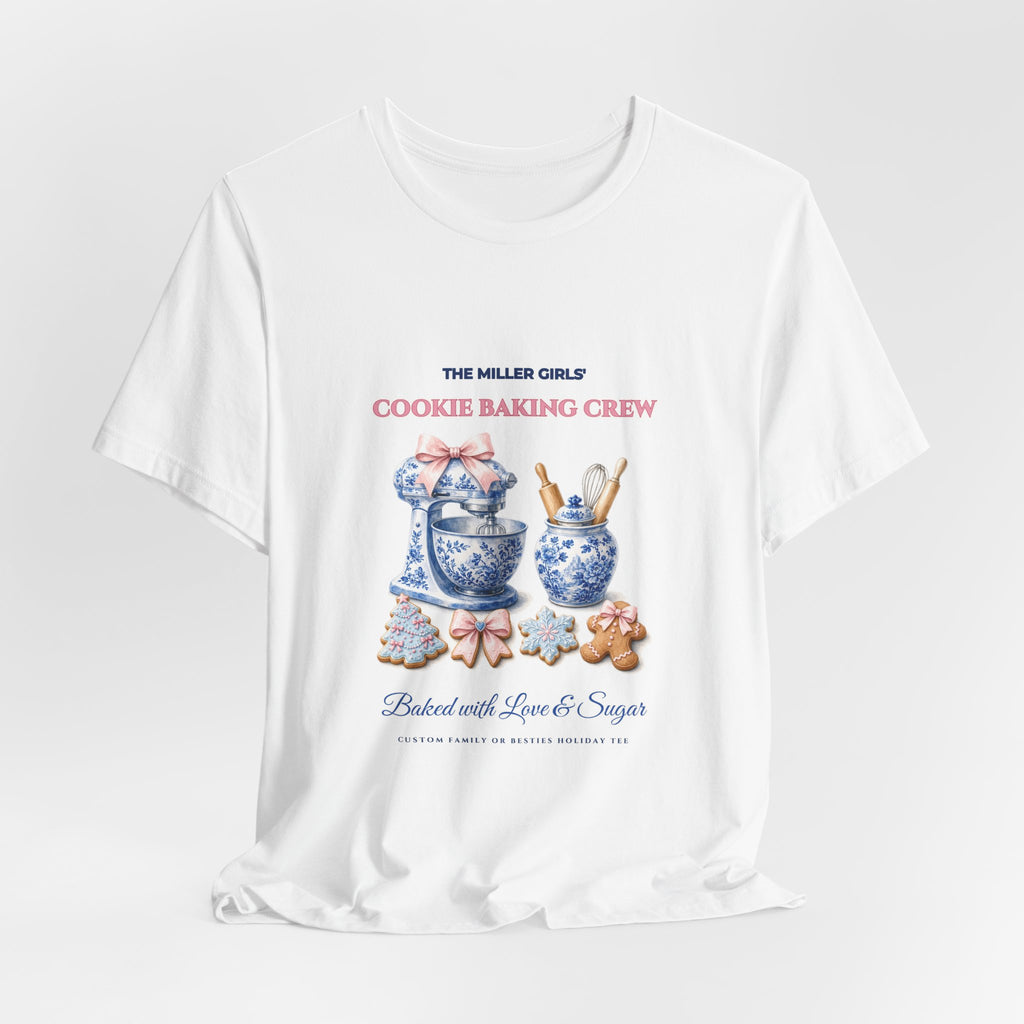 Personalized Custom Family or Besties Christmas Cookie Baking Crew Shirt | Chinoiserie Stand Mixer & Coquette Bow Bella+Canvas 3001 Tee