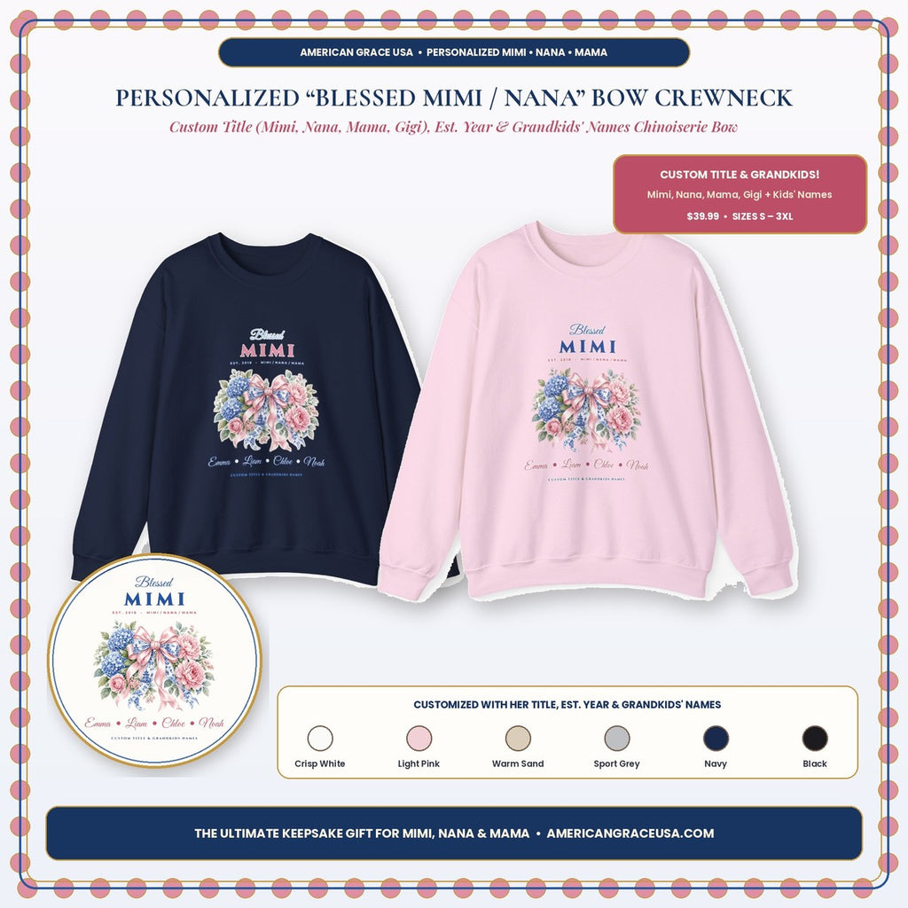 Personalized Blessed Mimi, Nana or Mama Chinoiserie Bow & Grandkids Names Sweatshirt Boutique Hero Card — AmericanGraceUSA