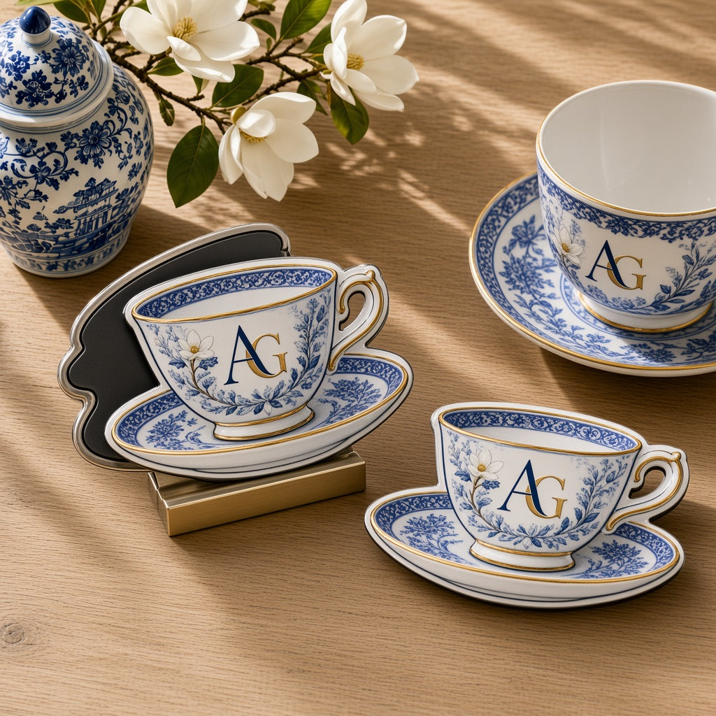 "Savannah Porch" Scalloped Blue-and-White Chinoiserie Teacup & Saucer Die-Cut Refrigerator Magnet — Sunlit White Oak Table Close-Up