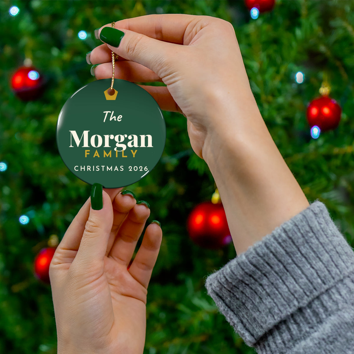 Personalized Family Christmas Ornament 2026 | Custom Last Name Ornament | Green & Gold Keepsake