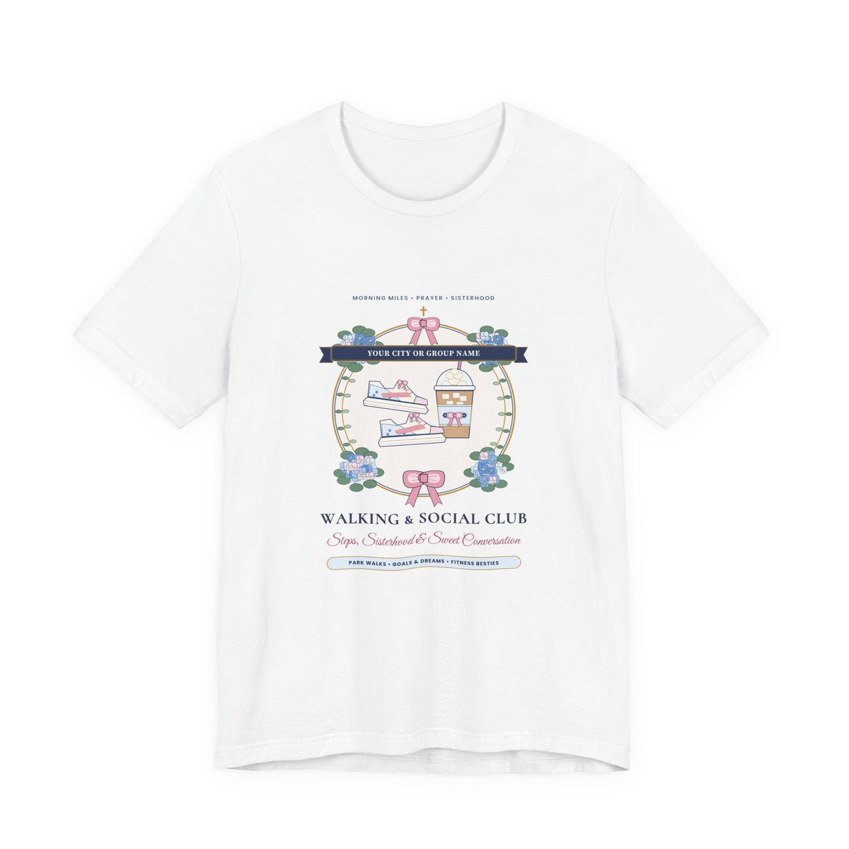 Personalized "[Your City or Group] Walking & Social Club" Preppy Chinoiserie Shirt | Custom Ladies Park Walk & Fitness Besties Tee