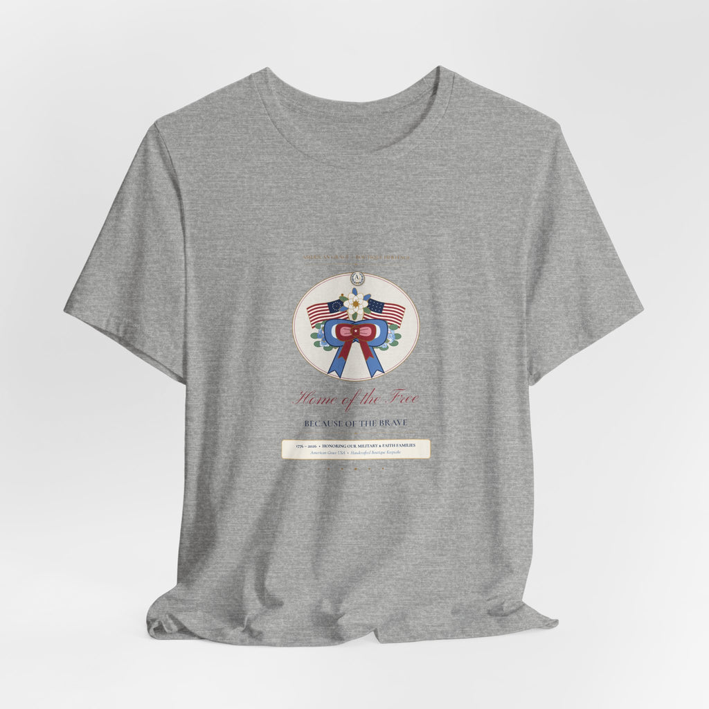 "American Grace • Home of the Free, Because of the Brave" Preppy Toile Ribbon & Flag Bella+Canvas Boutique Tee