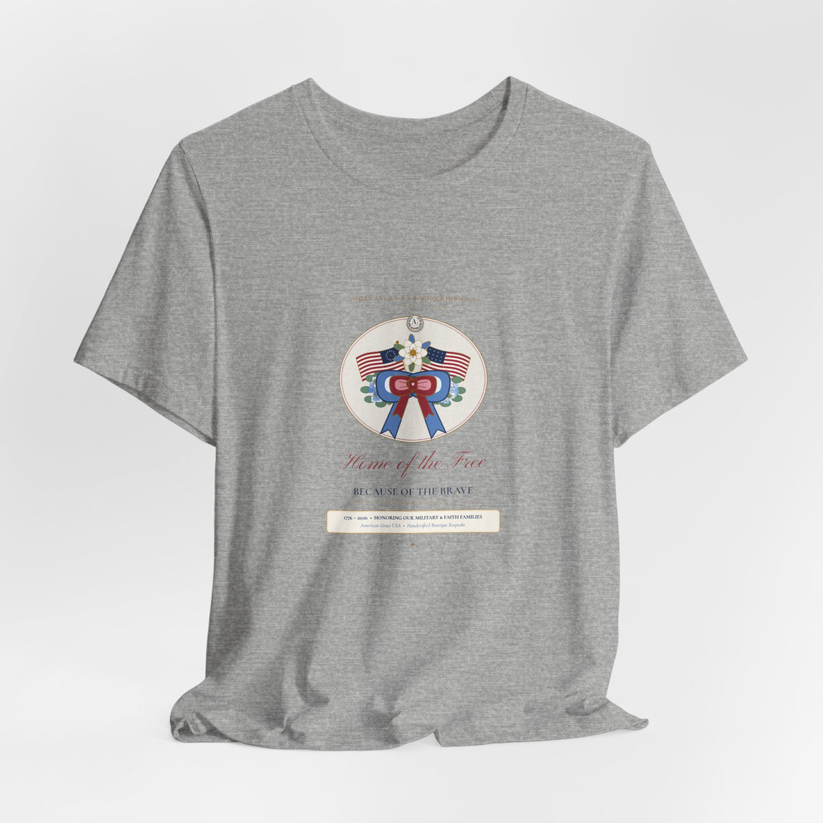 "American Grace • Home of the Free, Because of the Brave" Preppy Toile Ribbon & Flag Bella+Canvas Boutique Tee