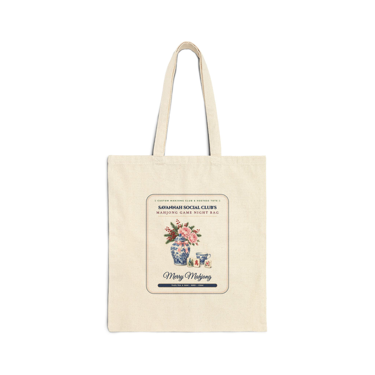 Personalized Merry Mahjong & Custom Club Name Hostess Canvas Tote Bag | Chinoiserie Ginger Jar Game Night Bag