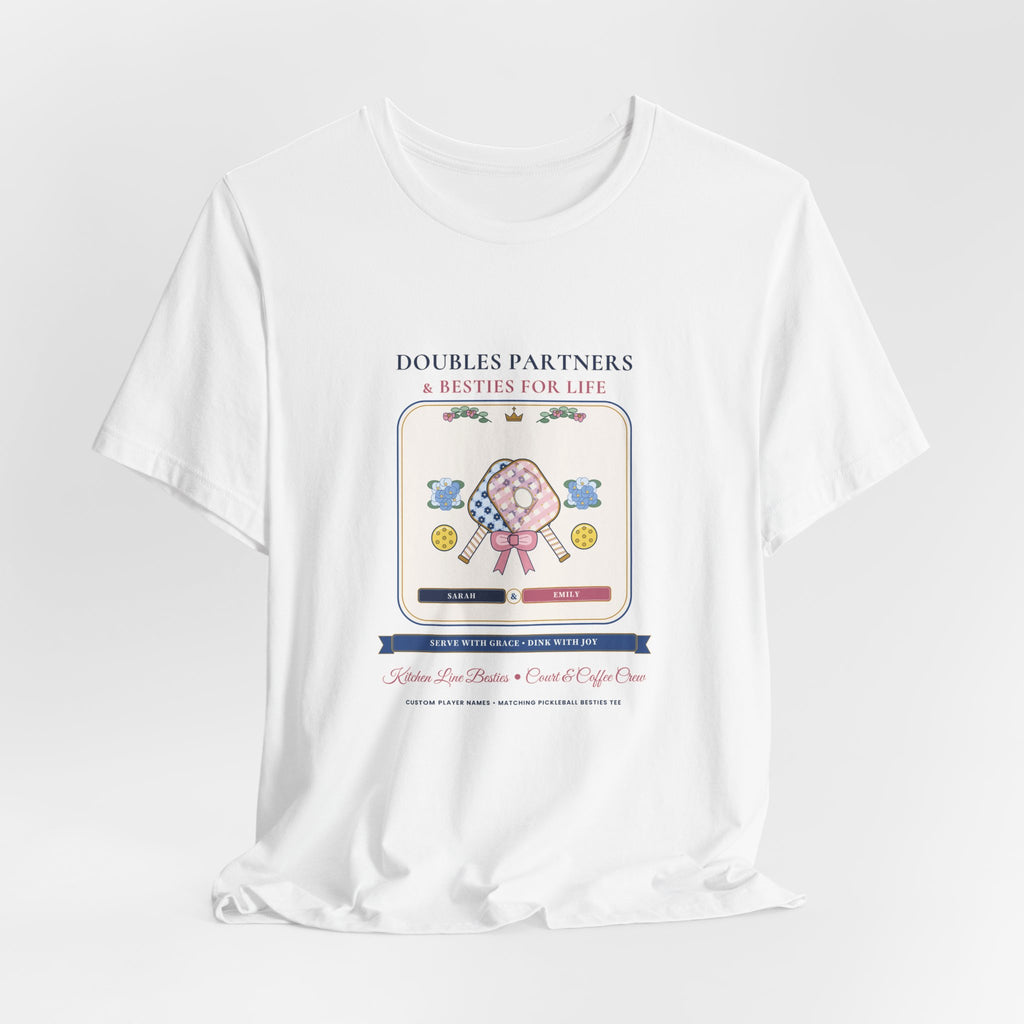Personalized "Doubles Partners & Besties for Life" Preppy Chinoiserie Pickleball Shirt | Custom Names Matching Court Besties Bella+Canvas Tee