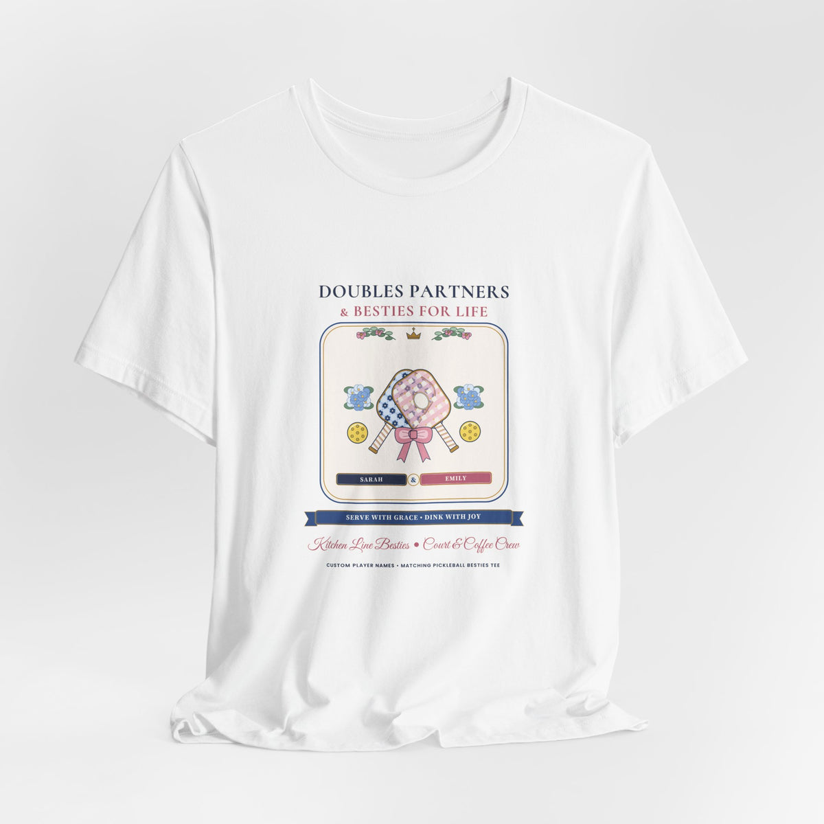 Personalized "Doubles Partners & Besties for Life" Preppy Chinoiserie Pickleball Shirt | Custom Names Matching Court Besties Bella+Canvas Tee
