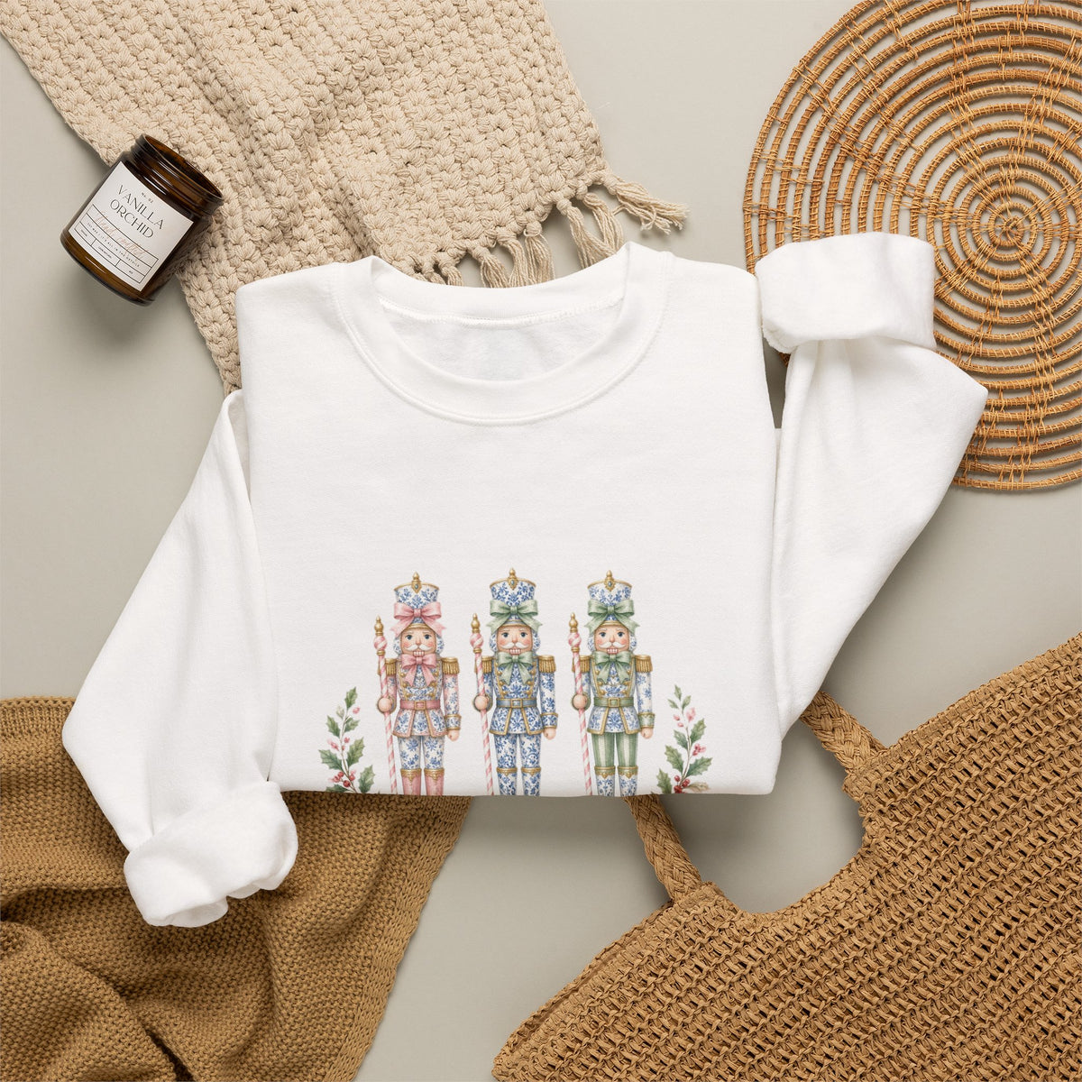 Pastel Chinoiserie Nutcracker & Pink Coquette Bow Holiday Sweatshirt | Grandmillennial "Merry & Bright" Christmas Crewneck