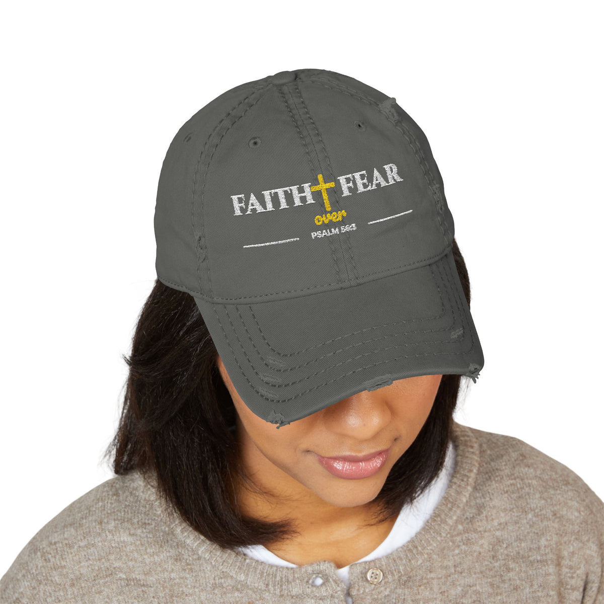 Faith Over Fear Cross Embroidered Distressed Dad Hat | Christian Women's Baseball Cap