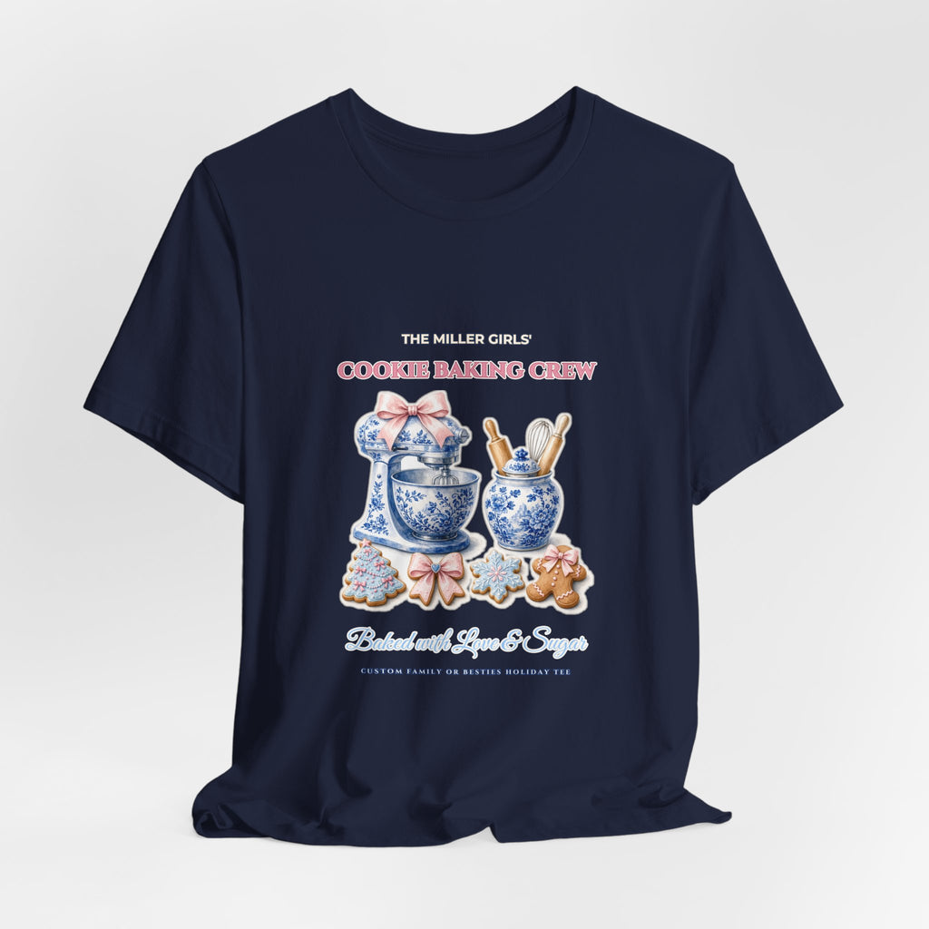 Personalized Custom Family or Besties Christmas Cookie Baking Crew Shirt | Chinoiserie Stand Mixer & Coquette Bow Bella+Canvas 3001 Tee