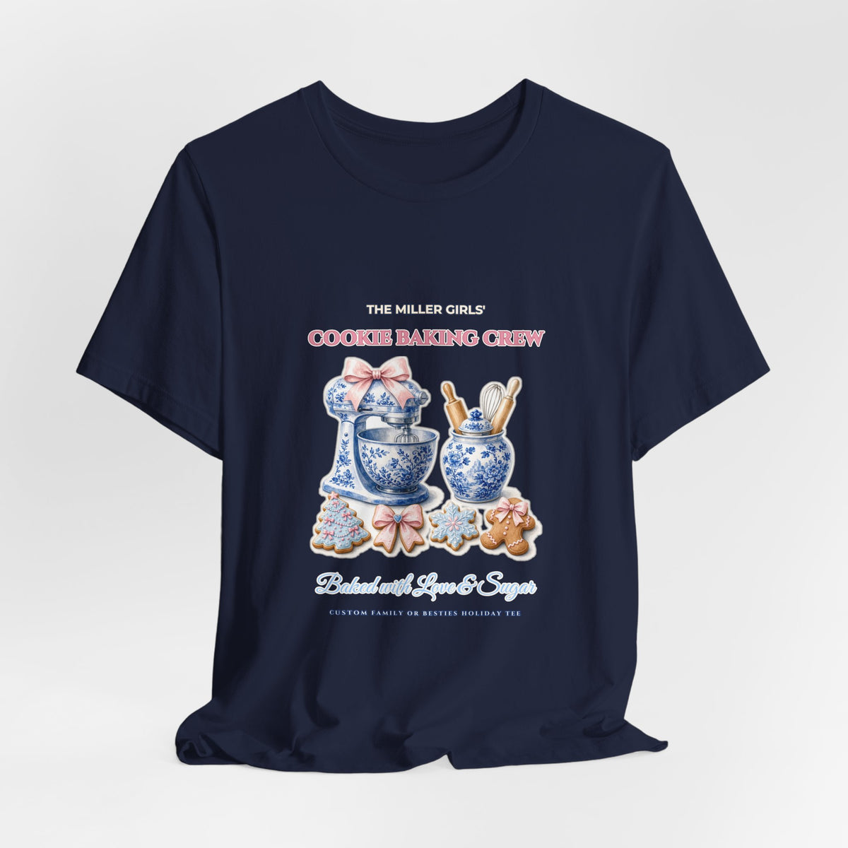 Personalized Custom Family or Besties Christmas Cookie Baking Crew Shirt | Chinoiserie Stand Mixer & Coquette Bow Bella+Canvas 3001 Tee