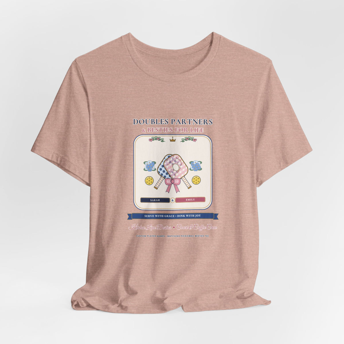 Personalized "Doubles Partners & Besties for Life" Preppy Chinoiserie Pickleball Shirt | Custom Names Matching Court Besties Bella+Canvas Tee