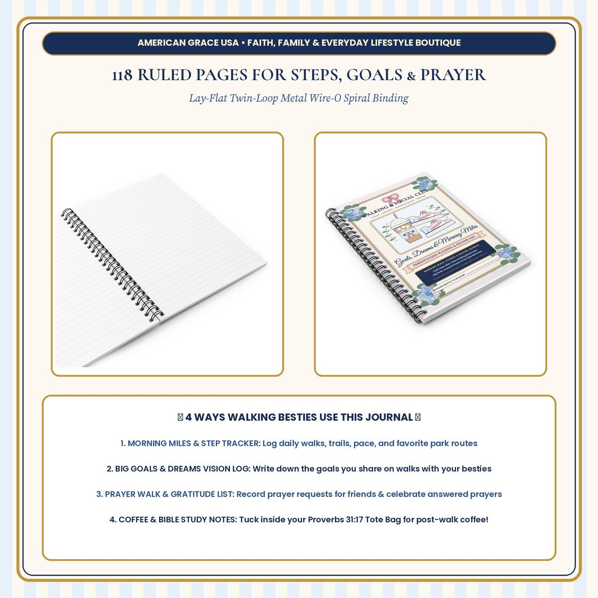 Walking Club & Morning Miles Log Journal - 118 Ruled Pages Interior Preview Card