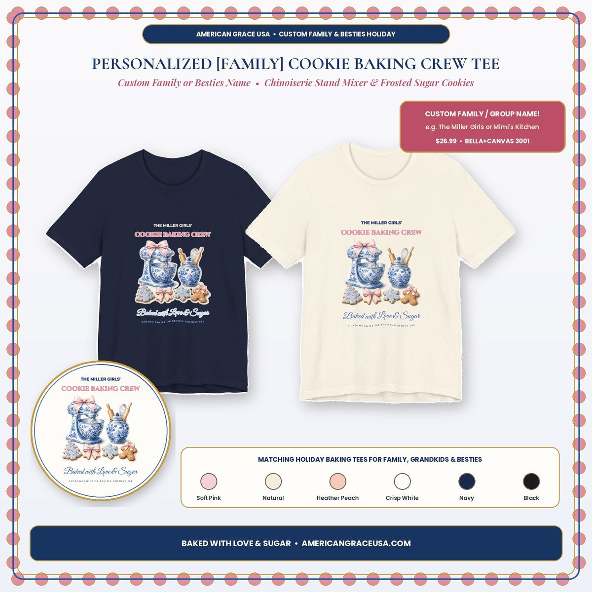 Personalized Custom Family or Besties Christmas Cookie Baking Crew Chinoiserie Stand Mixer Tee Boutique Hero Card — AmericanGraceUSA