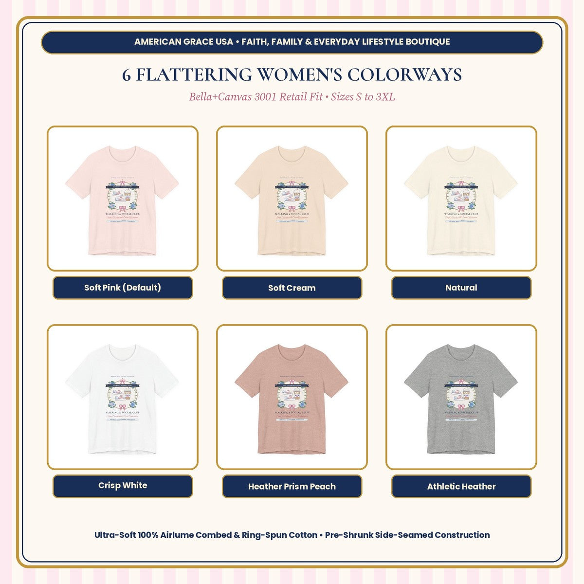 Personalized Walking & Social Club Bella+Canvas 3001 Tee - 6 Flattering Colorways Grid
