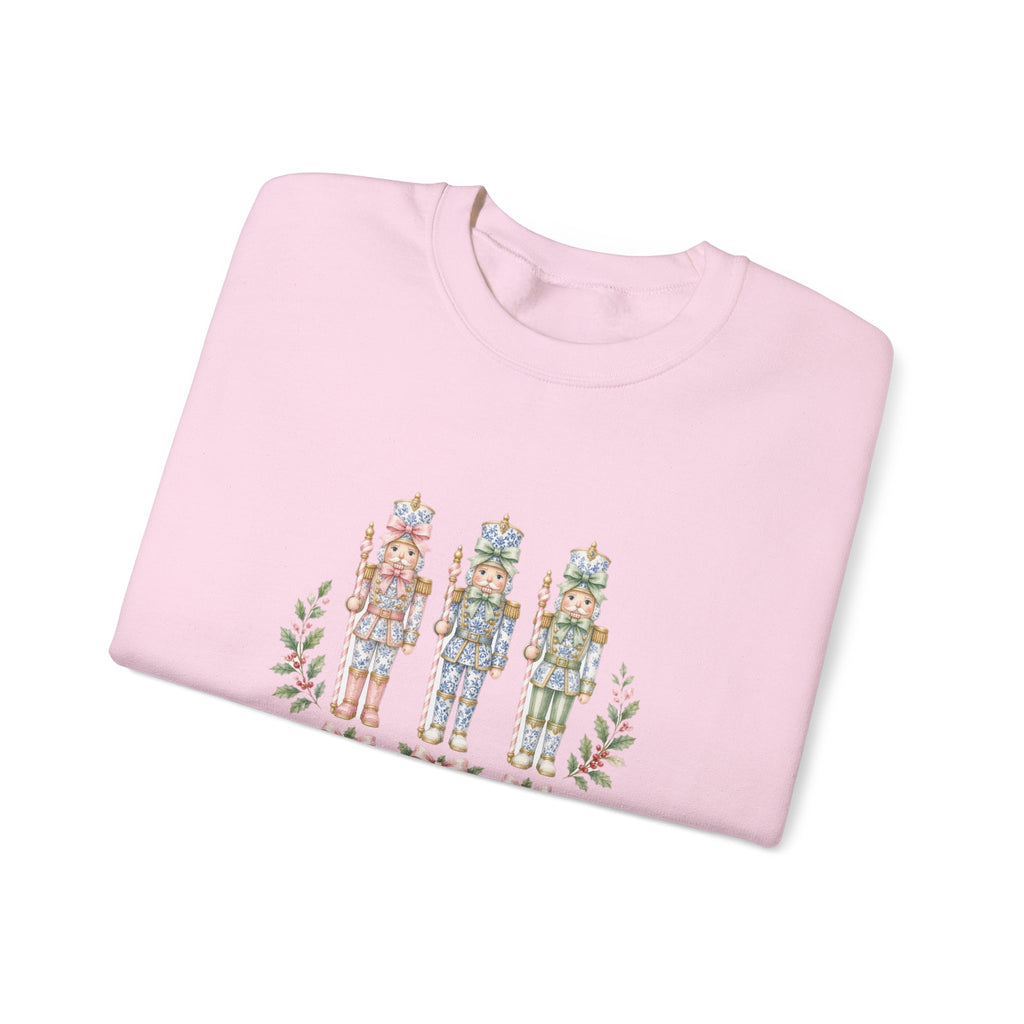 Pastel Chinoiserie Nutcracker & Pink Coquette Bow Holiday Sweatshirt | Grandmillennial "Merry & Bright" Christmas Crewneck