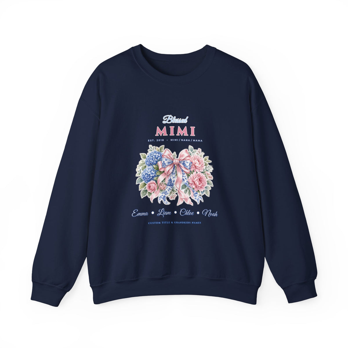 Personalized Blessed Mimi, Nana or Mama Chinoiserie Bow & Grandkids Names Sweatshirt | Custom Floral Coquette Grandma & Mom Crewneck