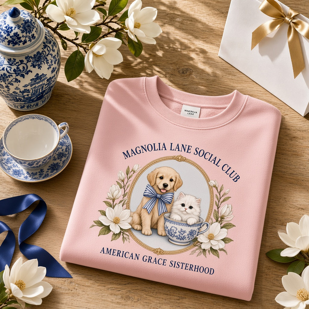"Biscuit & Peaches • Magnolia Lane Social Club" Golden Retriever & Persian Kitten Chinoiserie Teacup Heavyweight Crewneck Sweatshirt (Soft Blush Pink) — Sunlit White Oak Table Close-Up