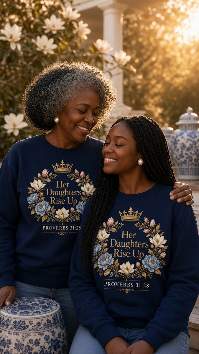 Mother and daughter in matching Her Daughters Rise Up Proverbs 31:28 navy sweatshirts