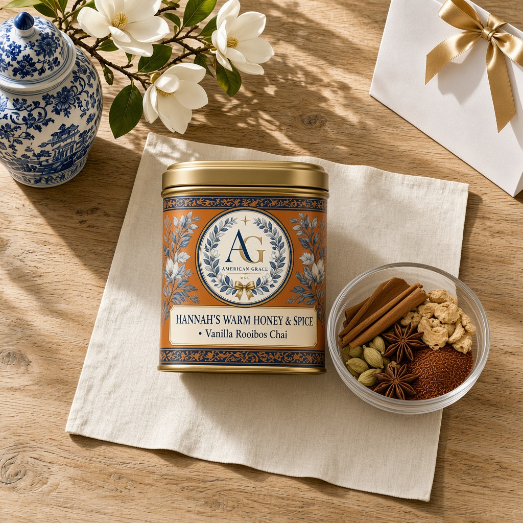 Hannah & Claire's Warm Honey & Spice Chai — USDA Organic Cinnamon, Cardamom & Vanilla Rooibos Tin (American Grace USA) — Sunlit White Oak Table Close-Up