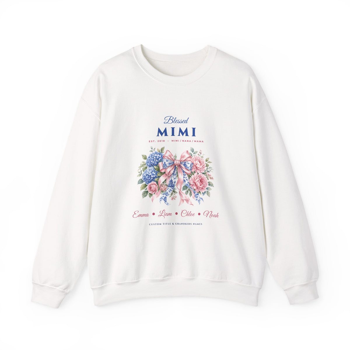 Personalized Blessed Mimi, Nana or Mama Chinoiserie Bow & Grandkids Names Sweatshirt | Custom Floral Coquette Grandma & Mom Crewneck