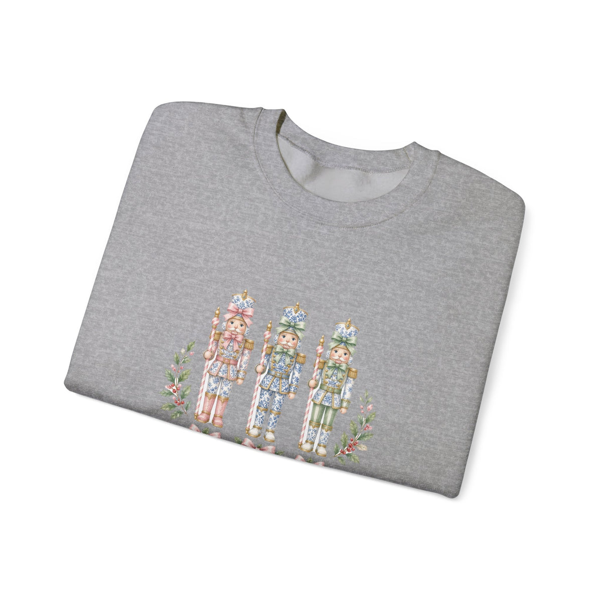 Pastel Chinoiserie Nutcracker & Pink Coquette Bow Holiday Sweatshirt | Grandmillennial "Merry & Bright" Christmas Crewneck