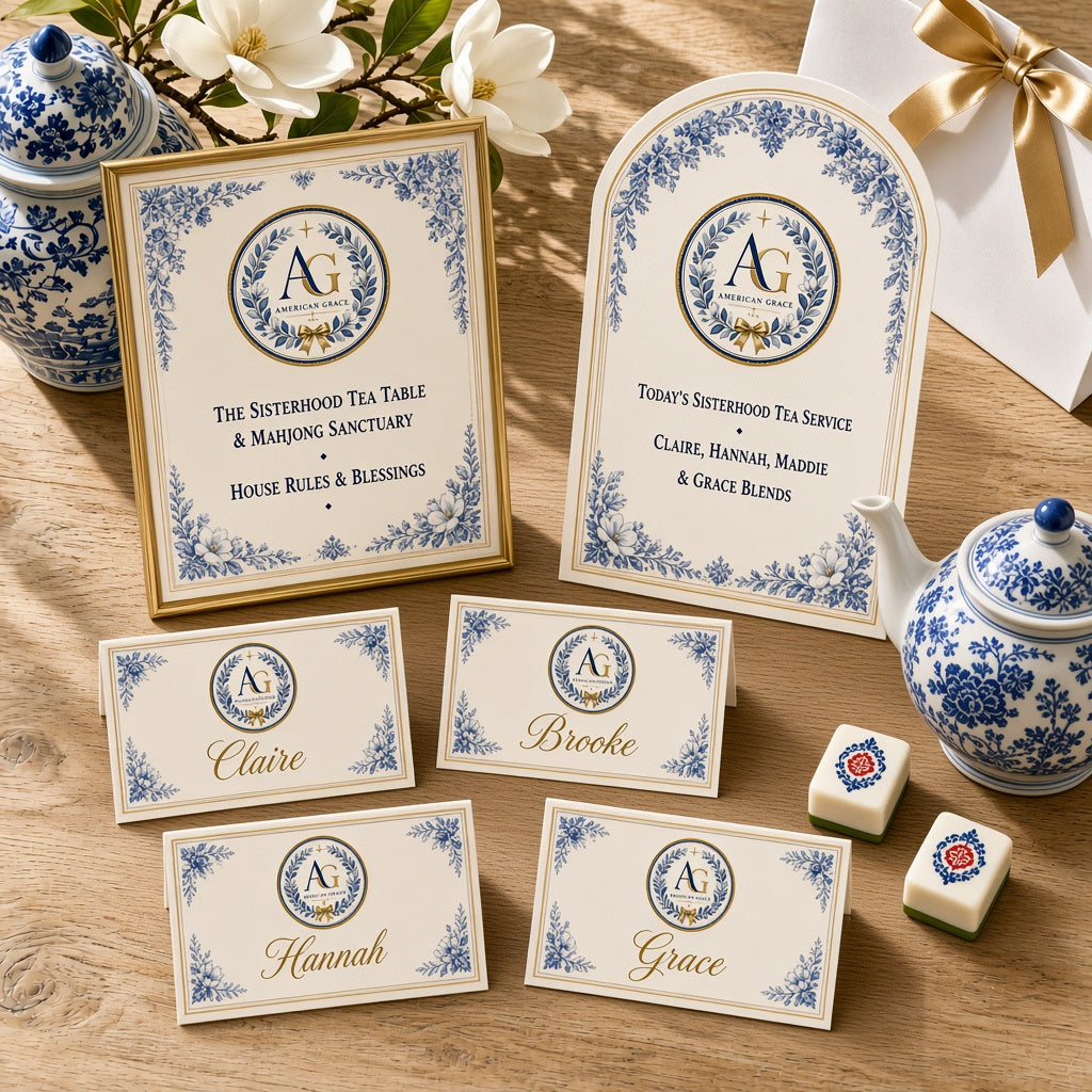 Claire's Mahjong, Tea Party & Book Club Printable Hostess Table Kit (Place Cards, Tea Tasting Menu & Award Certificates) — Sunlit White Oak Table Close-Up