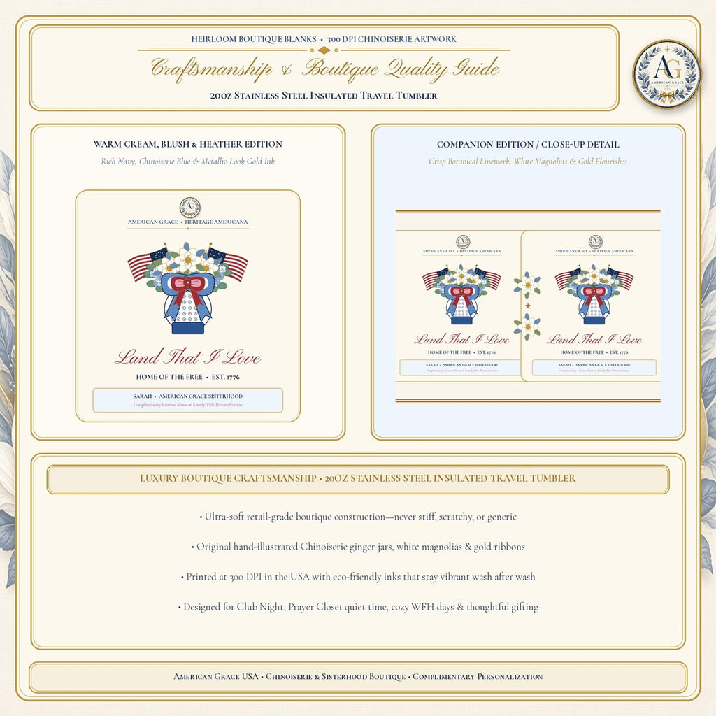 Personalized "American Grace • Land That I Love" Chinoiserie Ginger-Jar & Flag 20oz Stainless Travel Tumbler - Boutique Gallery Card 3