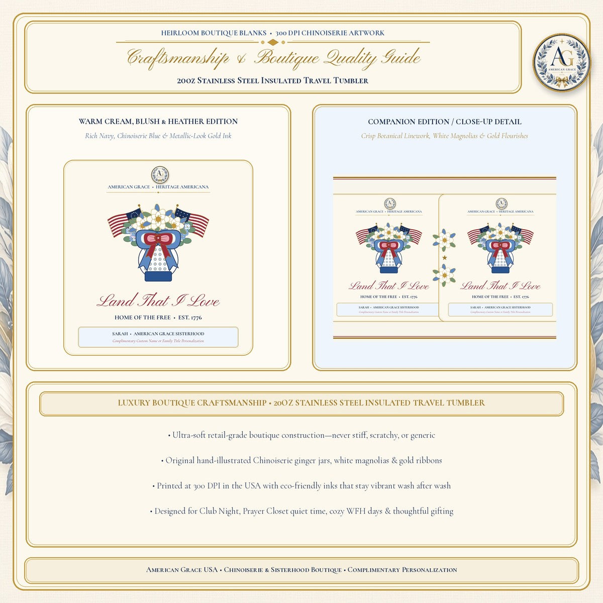 Personalized "American Grace • Land That I Love" Chinoiserie Ginger-Jar & Flag 20oz Stainless Travel Tumbler - Boutique Gallery Card 3