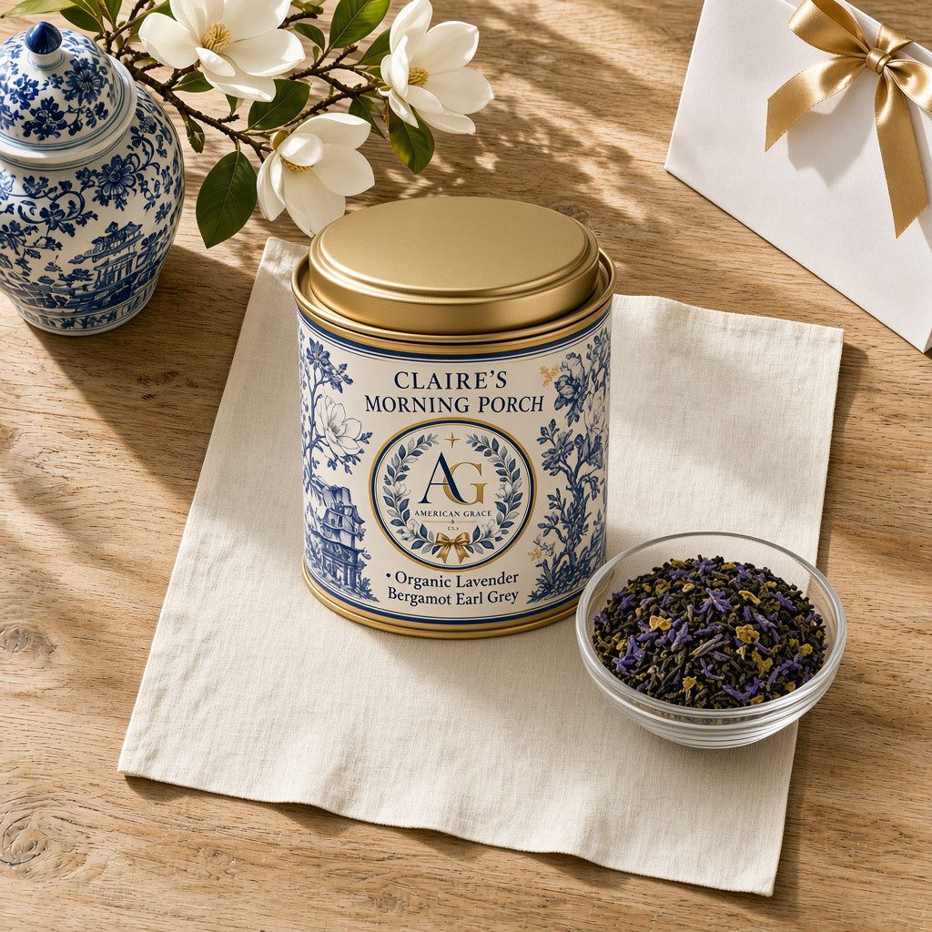 Claire's Morning Porch Blend — USDA Organic Lavender Bergamot Earl Grey Tea Tin (American Grace USA) — Sunlit White Oak Table Close-Up