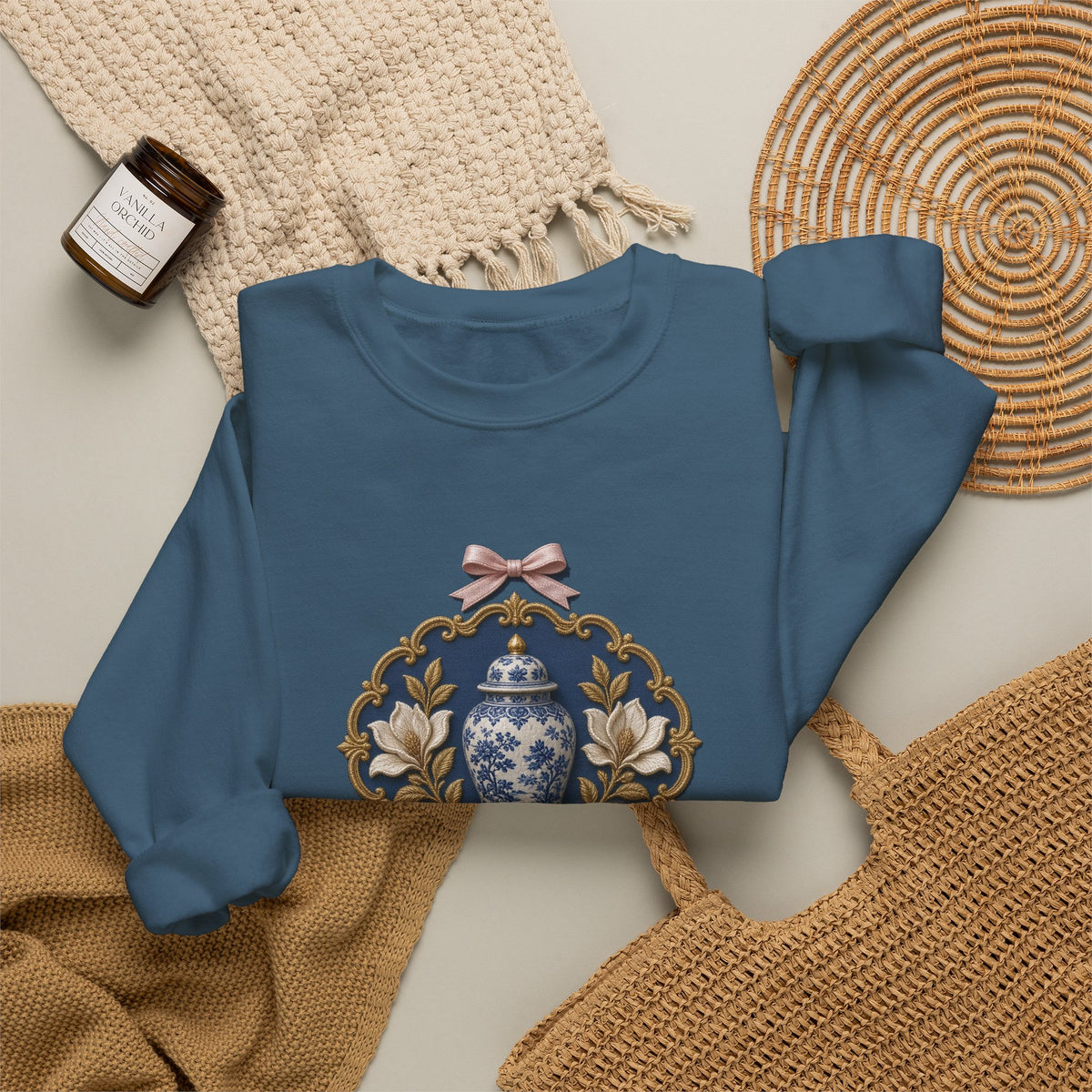 Sisterhood Heirloom Crest Crewneck Sweatshirt, Est. in Grace | Chinoiserie Ginger Jar Magnolia Crest, Mother Daughter Matching Christian Sweatshirt