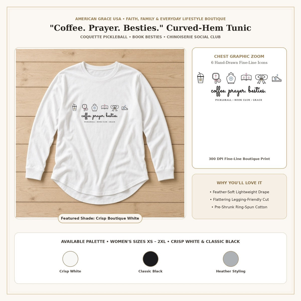 Coffee Prayer Besties Curved-Hem Tunic Boutique Showcase & Chest Graphic Zoom | American Grace USA